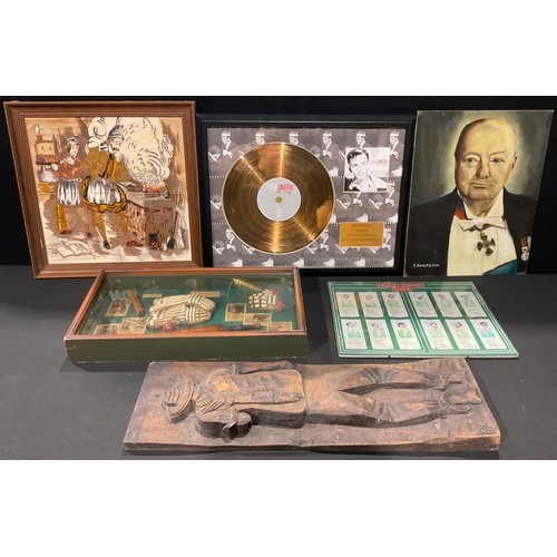 617 - A Frank Sinatra replica gold disk montage, 1/1500, His Way, framed;  Henderson oil, Winston Churchil... 