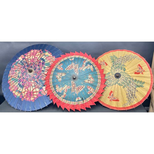 626 - A Chinese paper parasol, decorated with stylised flowers, in tones of pink, red, green and blue, 94c... 