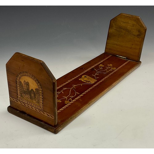 1889 - An Irish Killarney marquetry book slide, inlaid with a harp and a view of Muckross Abbey, inscribed ... 