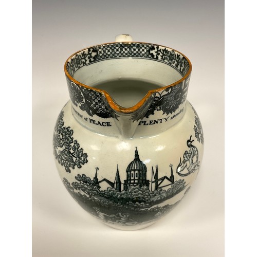 1156A - An 1814 Peace of Paris pearlware jug printed in grey with Britannia riding in a carriage and with Pe... 