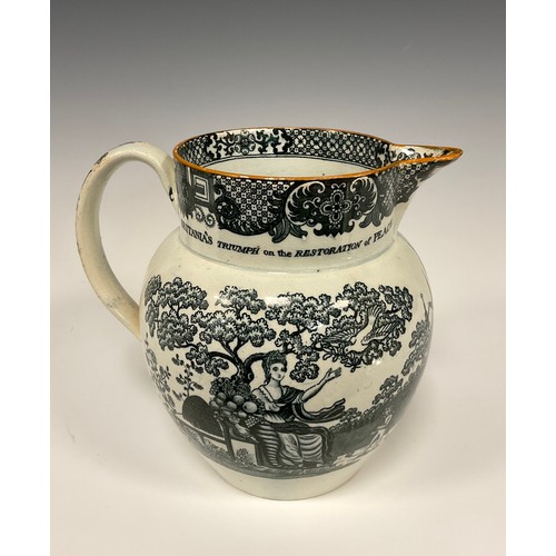 1156A - An 1814 Peace of Paris pearlware jug printed in grey with Britannia riding in a carriage and with Pe... 