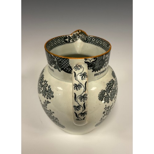 1156A - An 1814 Peace of Paris pearlware jug printed in grey with Britannia riding in a carriage and with Pe... 