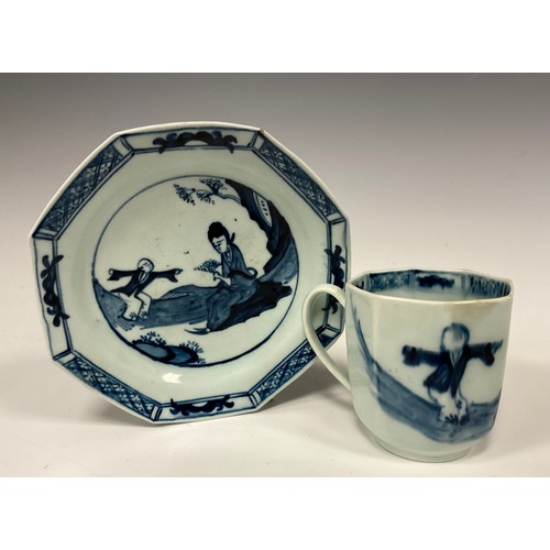 1162A - A Bow Jumping Boy pattern octagonal coffee can and saucer, hand-painted in under-glaze blue with a s... 