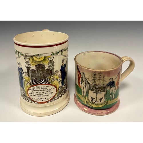 1181A - Masonic Interest - an oversized 19th century creamware tankard with masonic decoration and verse 'Th... 