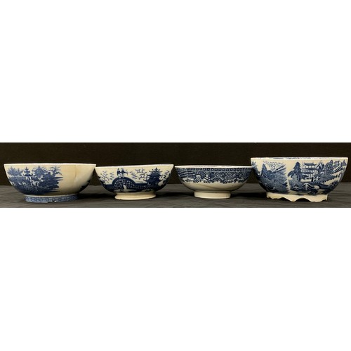 1250A - 19th century blue and white pearl ware bowls including; Pagoda pattern bowl, 23cm diameter; others (... 