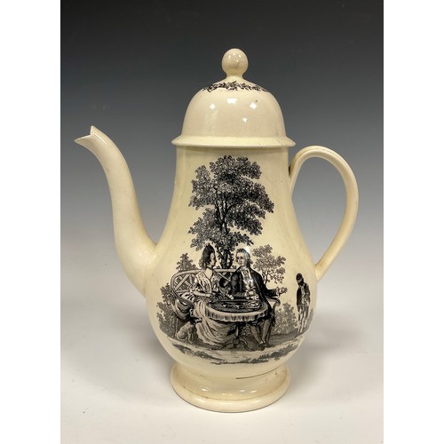 1220A - An 18th century creamware coffee pot, transfer printed in black with ‘couple drinking tea’, after Ri... 