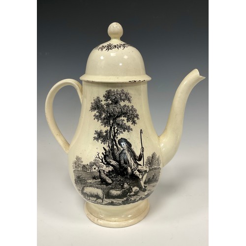 1220A - An 18th century creamware coffee pot, transfer printed in black with ‘couple drinking tea’, after Ri... 