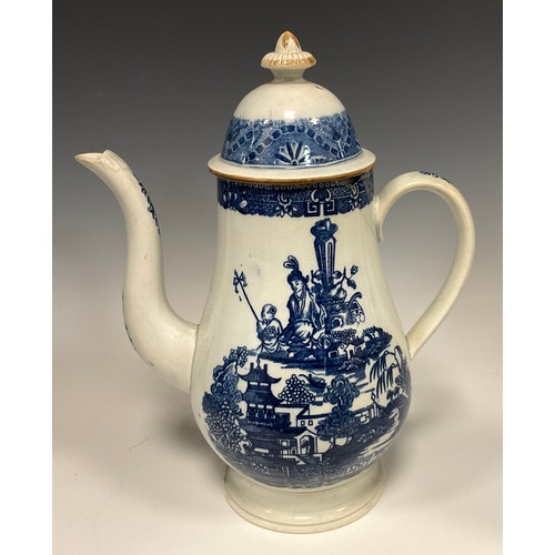 1187A - An 18th century pearlware coffee pot, transfer printed with a Chinoiserie landscape willow variant d... 