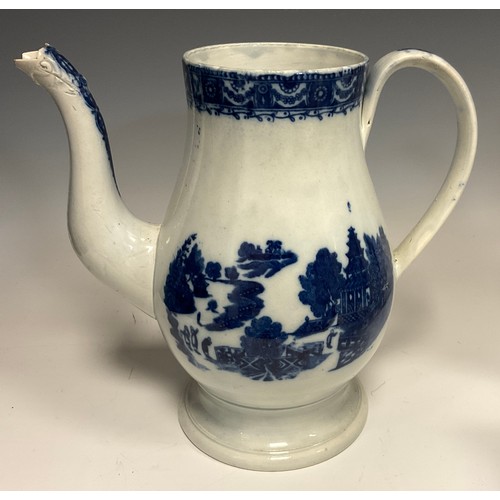 1187A - An 18th century pearlware coffee pot, transfer printed with a Chinoiserie landscape willow variant d... 