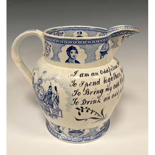 1253A - A 19th century pearlware jug, I am an Oddfellow, and have an Odd Wife, To Spend Together, The odd Da... 