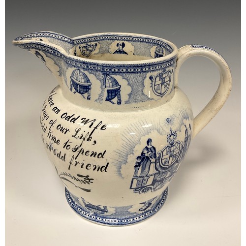 1253A - A 19th century pearlware jug, I am an Oddfellow, and have an Odd Wife, To Spend Together, The odd Da... 