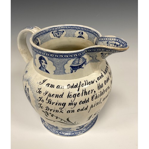 1253A - A 19th century pearlware jug, I am an Oddfellow, and have an Odd Wife, To Spend Together, The odd Da... 