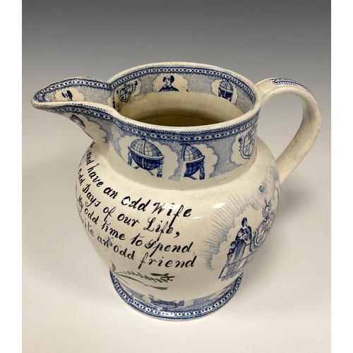 1253A - A 19th century pearlware jug, I am an Oddfellow, and have an Odd Wife, To Spend Together, The odd Da... 