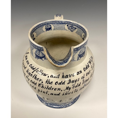 1253A - A 19th century pearlware jug, I am an Oddfellow, and have an Odd Wife, To Spend Together, The odd Da... 