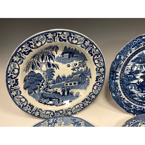 1172A - Pearlware - a Swansea Malayan Long House pattern blue and white soup bowl, 25.7cm diameter;  others ... 