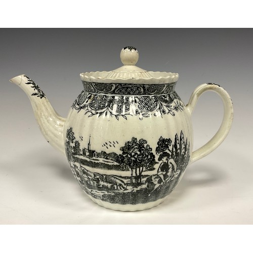 1257A - A 19th century creamware tea pot, ribbed body, transfer print in black of Shephard and his sheep, c.... 