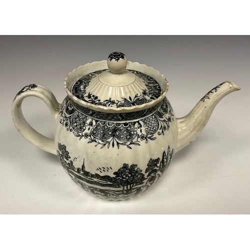 1257A - A 19th century creamware tea pot, ribbed body, transfer print in black of Shephard and his sheep, c.... 