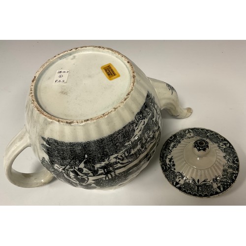 1257A - A 19th century creamware tea pot, ribbed body, transfer print in black of Shephard and his sheep, c.... 