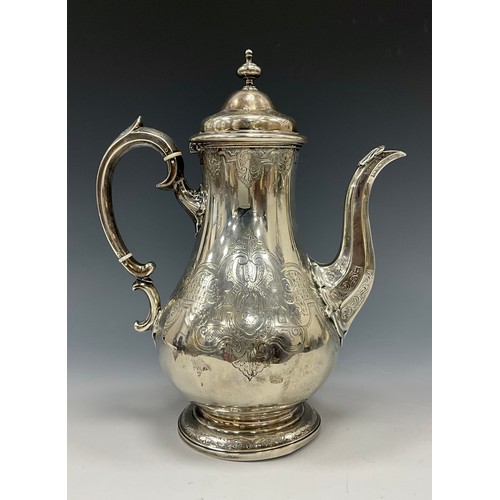 120A - A William IV silver baluster coffee pot, lightly embossed with scrolling bands of shells, lattice pa... 