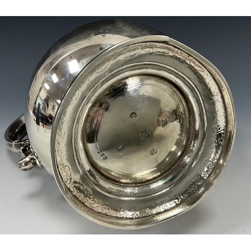 120A - A William IV silver baluster coffee pot, lightly embossed with scrolling bands of shells, lattice pa... 