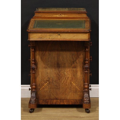 2160 - A Victorian walnut and marquetry Davenport desk, hinged superstructure enclosing a fitted interior, ... 