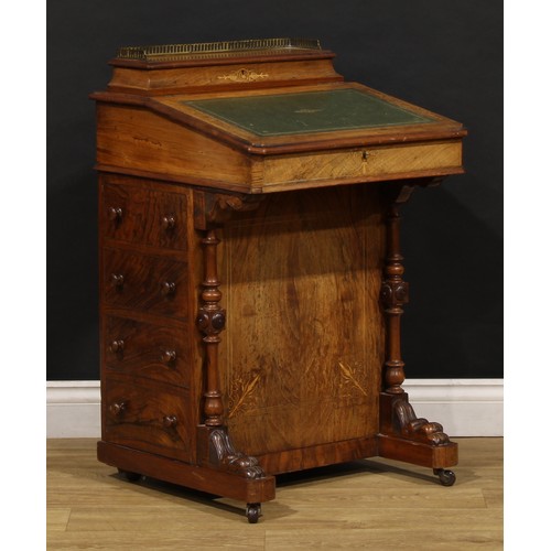 2160 - A Victorian walnut and marquetry Davenport desk, hinged superstructure enclosing a fitted interior, ... 