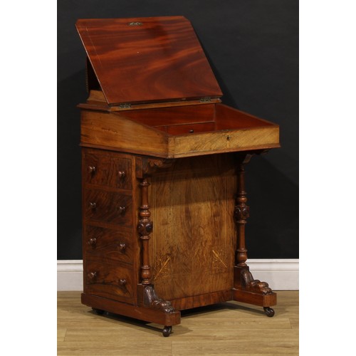 2160 - A Victorian walnut and marquetry Davenport desk, hinged superstructure enclosing a fitted interior, ... 