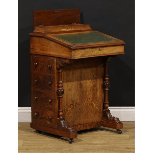 2160 - A Victorian walnut and marquetry Davenport desk, hinged superstructure enclosing a fitted interior, ... 