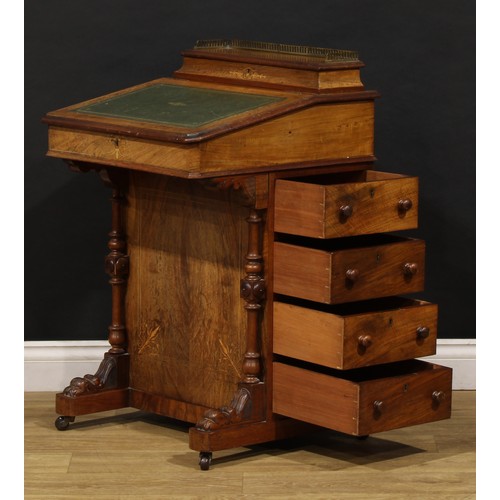 2160 - A Victorian walnut and marquetry Davenport desk, hinged superstructure enclosing a fitted interior, ... 