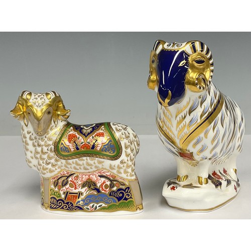 3 - A Royal Crown Derby paperweight, Imari Ram, Visitor Centre exclusive, gold stopper; another, Ram, go... 