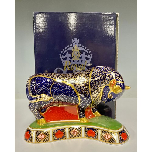 11 - A Royal Crown Derby paperweight, Grecian Bull, gold stopper, boxed