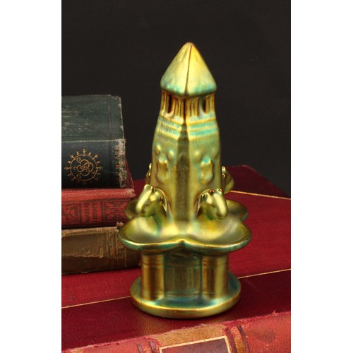 19 - A Zsolney Pecs model of a fountain, glazed in vivid lustre green, 14cm, printed mark