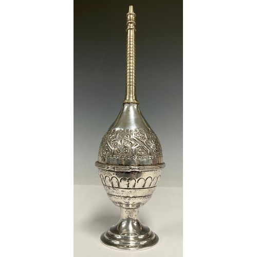 46 - A Moroccan Marrakesh white metal rosewater sprinkler, embossed body, marked Argentere Fes, 25cm high