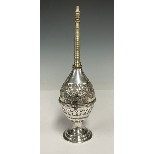 46 - A Moroccan Marrakesh white metal rosewater sprinkler, embossed body, marked Argentere Fes, 25cm high