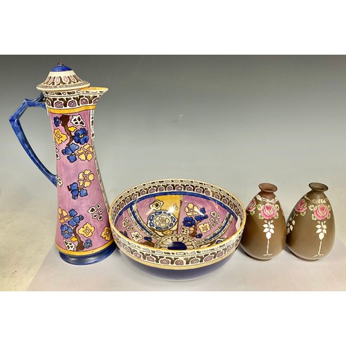 58 - A Shelley Moresque pattern ewer, decorated in tones of purple, blue and mauve, 35cm high, printed ma... 