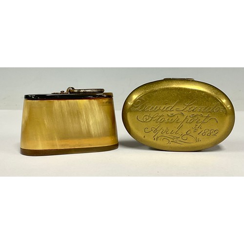 84 - A Victorian brass snuff box, the hinged cover engraved David Landon Stourport April 6th 1882, 7cm lo... 