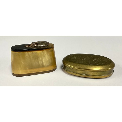 84 - A Victorian brass snuff box, the hinged cover engraved David Landon Stourport April 6th 1882, 7cm lo... 