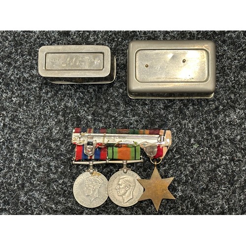 3024 - WW2 British Africa Star, Defence medal and War Medal all mounted on a bar with original ribbons. Alo... 