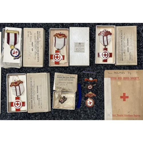 3025 - WW2 British Red Cross Society medals and qualification badges in original boxes of issue, together w... 