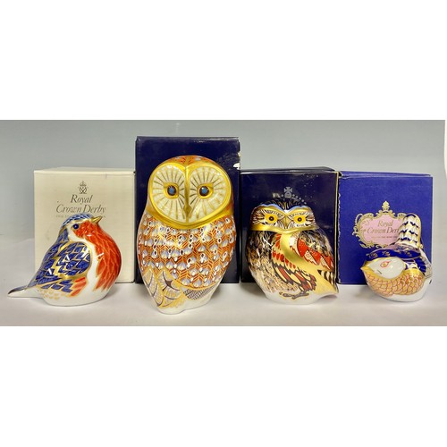 138 - A Royal Crown Derby paperweight, Barn Owl, gold stopper, boxed; others, Little Owl, gold stopper, bo... 