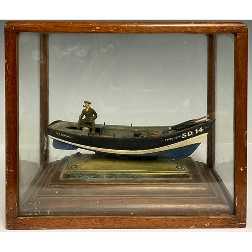 143 - A scratch built painted model, of a rowing boat, the bow inscribed 'FOXGLOVE SD14', mounted on a rec... 