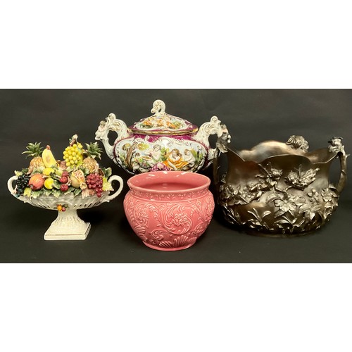 194 - A large Capodimonte porcelain two handled pedestal table centrepiece and cover, decorated with class... 