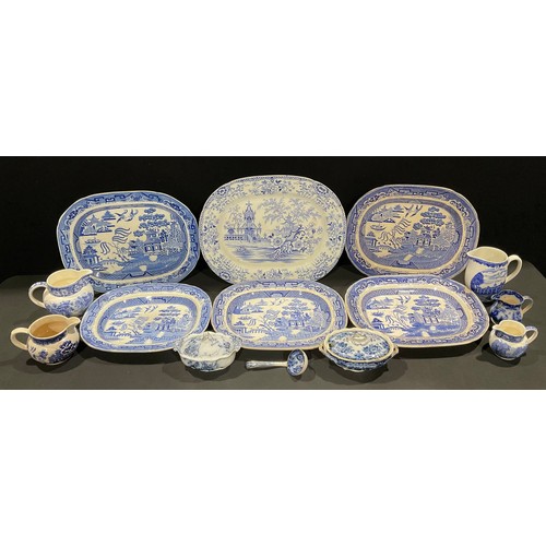 225 - Ceramics - a 19th century Ironstone meat platter, Old Willow pattern, 42cm long overall, c. 1850; ot... 