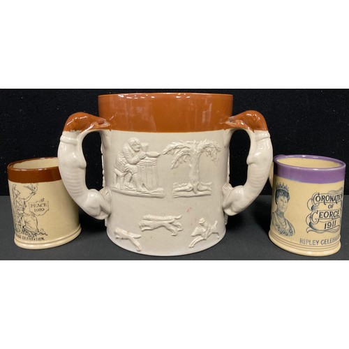 233 - A large Bourne Denby stoneware tyg, three greyhound handles, sprigged with George and The Dragon, hu... 