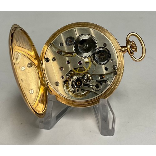 256 - A 9ct gold cased pocket watch, silver dial, Arabic numerals, subsidiary seconds, stem wind movement,... 