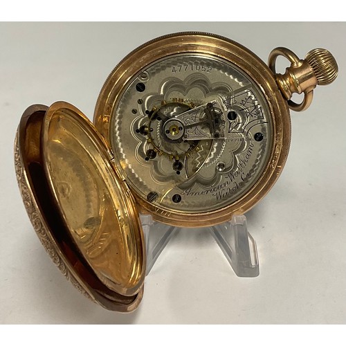 258 - An American Waltham WC fancy floral rose gold colour cased pocket watch, white enamel dial, Roman nu... 