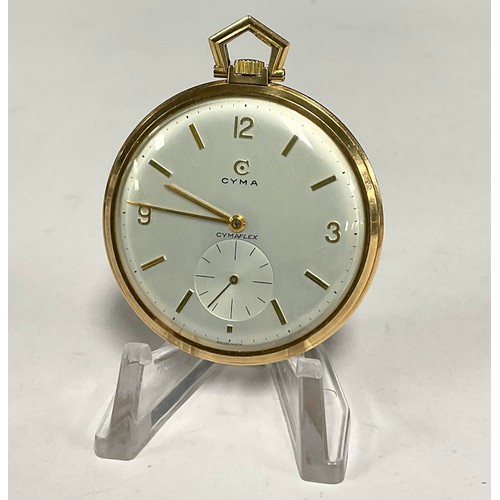 262 - A Cyma Cymaflex Tavannes 9ct gold cased pocket watch, silver dial, Arabic numerals and block baton m... 