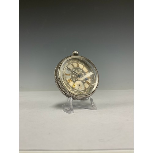 263 - A silver open face pocket watch, the centre engraved with flowers and foliate scrolls, Roman numeral... 