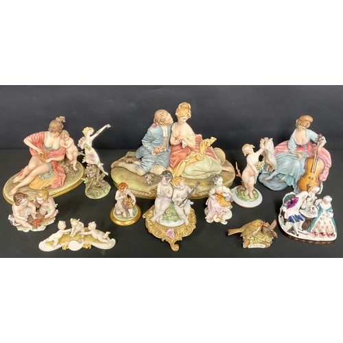 302 - A large Capodimonte figure group, of a gallant and his companion, after, B. Meil, 37cm wide; a Capod... 