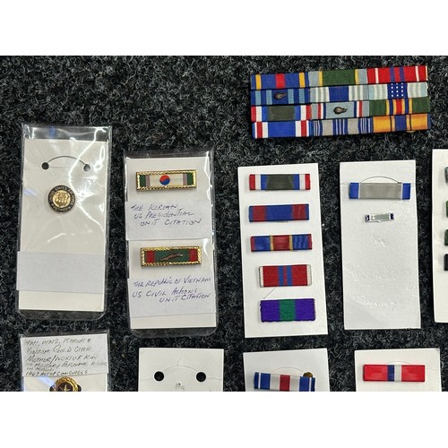 3091 - A Collection of US Medal Ribbon Bars, two empty Medal award cases with card covers, miniature US Nav... 